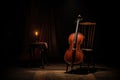 cello resting against an empty chair on a dimly lit stage Royalty Free Stock Photo