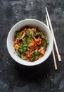 Cellophane noodles with beef, sweet pepper, carrot, onion stir fry on a dark background, top view