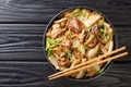 Cellophane Noodles cooked with pork belly, mushrooms and napa cabbage close-up in a plate. horizontal top view Royalty Free Stock Photo