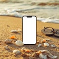 Cellphone with blank screen on beach surrounded by seashells and flip flops near ocean waves Royalty Free Stock Photo