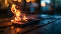 Cellphone on fire after overheating while charging. AI Generated