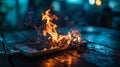 Cellphone on fire after overheating while charging. AI Generated