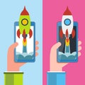 Cellphone in hand with spaceship. Start up vector concept.