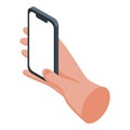 Cellphone hold icon isometric vector. Hand phone