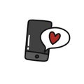 Cellphone with love message doodle icon, vector color illustration