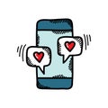 Cellphone with love messages doodle icon, vector illustration