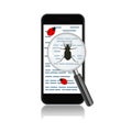 Cellphone with magnify glass and bugs. Virus concept Royalty Free Stock Photo