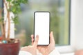 Cellphone mockup. woman user customer hold cellphone mockup with white screen in hand. Use mobile shopping app, check social media Royalty Free Stock Photo