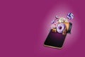 Cellphone on purple background. There are donuts, candy canes, coffee, cookies, chocolate macarons on it. Collage. Copy