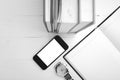 Cellphone with stack of book and watch black and white tone colo Royalty Free Stock Photo