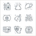 cells organs and medical line icons. linear set. quality vector line set such as human brain, stethoscope, identity card, white