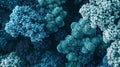 Cellular automata patterns that evolve into organic growth forms featuring gradient transitions from deep green to bioluminescent