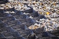 Cellular confinement system - plastic black honeycomb frame filled with small natural stones closeup. Used in construction for