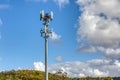 Cellular, mobile phone transmitter tower with blue sky and clouds left Royalty Free Stock Photo