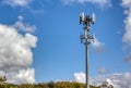 Cellular, mobile phone transmitter tower with blue sky and clouds right Royalty Free Stock Photo