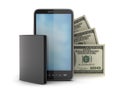 Cellular phone, bank notes and leather wallet Royalty Free Stock Photo