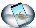 A cellular phone is seen inside an aquarium or fish bowl. Royalty Free Stock Photo