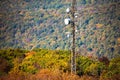 Cellular transmitting tower mounter in the forst hill at fall Royalty Free Stock Photo
