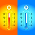 Celsius and fahrenheit meteorology thermometers measuring heat and cold, isolated illustration.