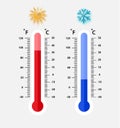 Celsius and fahrenheit meteorology thermometers measuring. heat and cold, vector illustration. Thermometer equipment Royalty Free Stock Photo