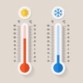 Celsius and fahrenheit meteorology thermometers measuring heat or cold, vector illustration