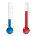 The thermometer measures heat and cold from the sun and snowflakes. Blue and red thermometers.