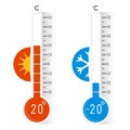 Celsius meteorology thermometers measuring heat and cold, vector illustration. Thermometer. Hot, cold.