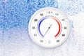 Celsius scale thermometer on a frozen window shows minus 49