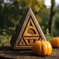Celtic Art Inspired Wooden Pyramid With Pumpkin Carving
