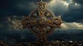 Celtic cross against night sky full of stars, vintage style image Royalty Free Stock Photo