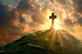 Celtic cross on a green hill with sunshine in the sky. Heavenly light behind ancient symbol of faith. AI Generated