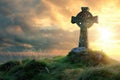 Celtic cross on a green hill with sunshine in the sky. Heavenly light behind ancient symbol of faith. AI Generated