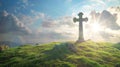 Celtic cross on a hill with sunshine in the blue sky. Heavenly light behind ancient symbol of faith. AI Generated Royalty Free Stock Photo