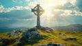 Celtic cross on a hill with sunshine in the blue sky. Heavenly light behind ancient symbol of faith. AI Generated Royalty Free Stock Photo