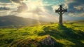 Gothic celtic cross on a hill with sunshine in the blue sky. Heavenly light behind ancient symbol of faith. AI Generated Royalty Free Stock Photo