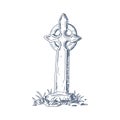 Celtic gothic cross with nimbus or ring on graveyard. Sketch of Irish cemetery burial decoration. Medieval religious Royalty Free Stock Photo