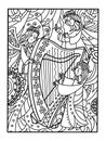 Celtic harp and fairies. Funny cartoon characters. Black and white outline for colouring. Fairy vector illustration.