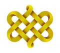 Celtic knot made of interweaved golden mobius stripes as two twisted hearts symbol