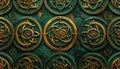 Celtic knotwork pattern with gold and green circular designs Royalty Free Stock Photo