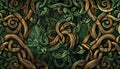 Celtic knotwork pattern with gold and green leaves on dark green background Royalty Free Stock Photo