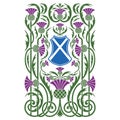 Celtic plant ornamentation. Intertwined thistle leaves and flowers. Heraldic shield, symbol of Scotland