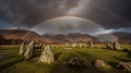 Celtic stone circle with double rainbow over mountains at dusk Generative AI Royalty Free Stock Photo