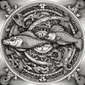 Celtic-style black and white zodiac sign Pisces created with generative AI technology