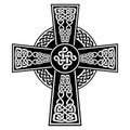 Celtic style Cross with endless knots patterns in white and black with stroke elements and surrounding black ring with knots