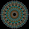 Celtic style textured round mandala pattern. Colorful tapestry background. Grunge backdrop. Intricate ornaments. Embroidered