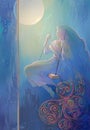 Celtic swing. Oil painting on wood. Drawing of beautiful girl dreaming about sorcery in ancient Nordic environment. Fantasy