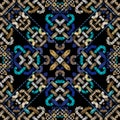 Celtic textured seamless pattern. Colorful tapestry background. Repeat grunge backdrop. Intricate ornaments. Embroidered ornate