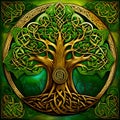 Celtic tree of life in green and gold colors with an ornament frame