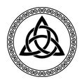 Triquetra with circle, triangular Celtic knot in circular spiral frame Royalty Free Stock Photo