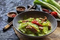 Celtuce (stem Lettuce, Lactuca Sativa Var Augustana ) Stir Fried With Some Meat On Table And Spices